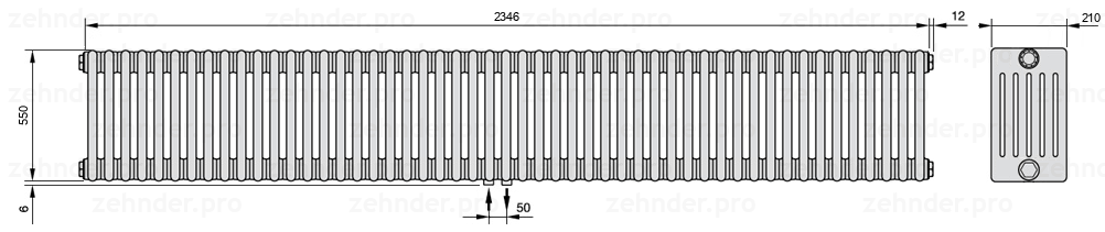 Схема (чертеж) Радиатор Zehnder Charleston 6055/51 №3470 Белый глянцевый RAL 9016